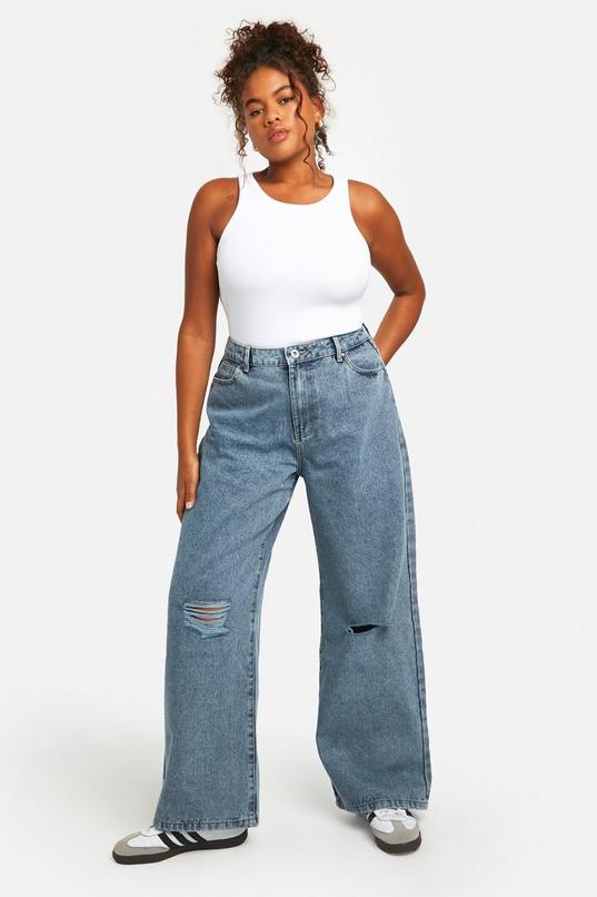 Plus Basics Ripped Knee Boyfriend Jeans | boohoo CA Plus Basics Ripped Knee Boyfriend Jeans | boohoo CA